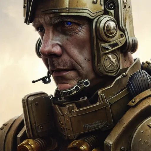 Image similar to portrait painting of a post - apocalyptic blonde older male soldier wearing dieselpunk power armor, ultra realistic, concept art, intricate details, eerie, highly detailed, photorealistic, octane render, 8 k, unreal engine. art by artgerm and greg rutkowski and charlie bowater and magali villeneuve and alphonse mucha