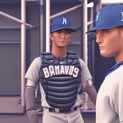 Image similar to a realistic detailed photo of a guy who is an attractive humanoid who is half robot and half humanoid, who is a male android, attractive and handsome baseball players, shiny skin, posing like a statue, blank stare, in a factory, on display, showing off his muscles, wearing baseball uniforms, side view, looking at each other mindlessly