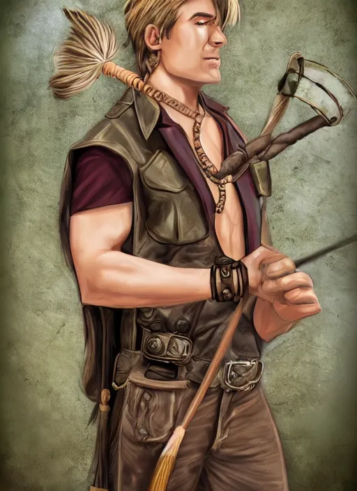 Prompt: a male ranger, dnd, wearing a leather vest and white linen pants, puka shell necklace, long swept back blond hair, with a bongo drum and nunchucks, chiseled good looks, digital art