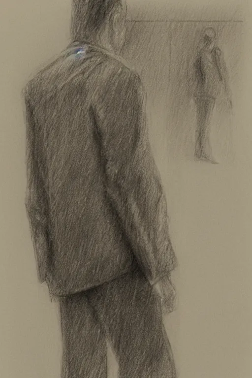 Prompt: a man in a jacket with his back to the camera standing in the rain. pencil sketch.