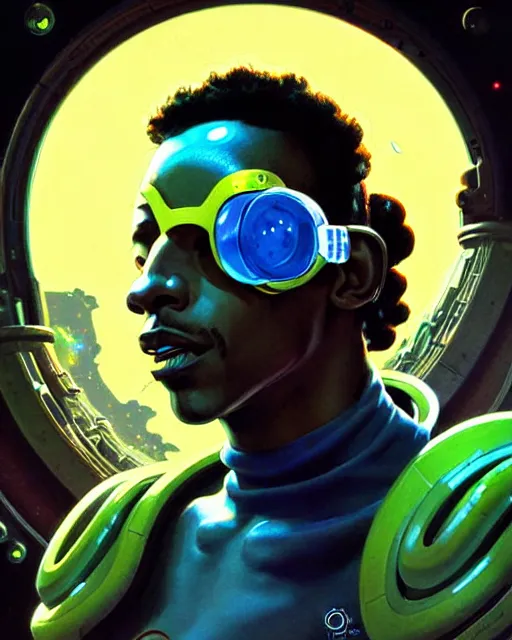 Prompt: lucio from overwatch, character portrait, portrait, close up, concept art, intricate details, highly detailed, vintage sci - fi poster, retro future, in the style of chris foss, rodger dean, moebius, michael whelan, and gustave dore