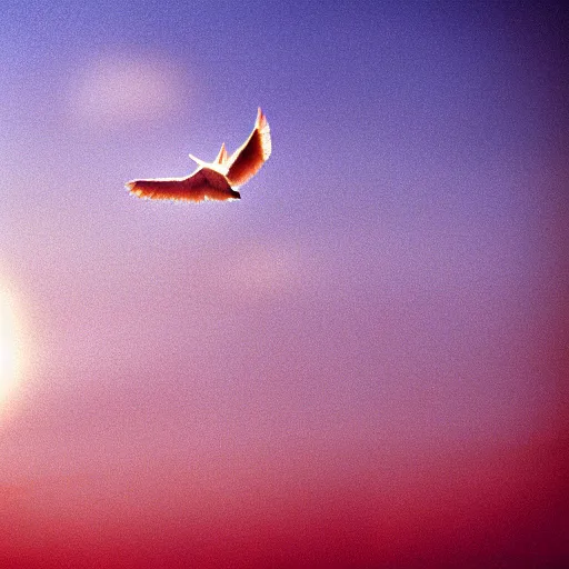 Prompt: Close-up realistic shot of a radiant white dove flying over the clouds at sunset, ethereal, vintage photograph, film grain, surreal, awe-inspiring, highly detailed
