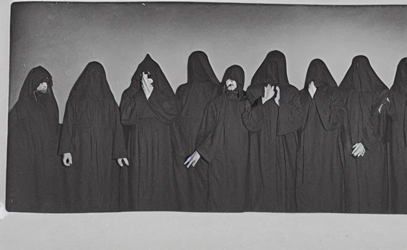 Image similar to a old grainy 1 8 0 0 s black and white photo of a group of demonic cultists, wearing robes, wearing hoods, performing a ritual, grainy, old photo, golden ratio, scary, horror photography, 5 0 mm lens, f 1. 8