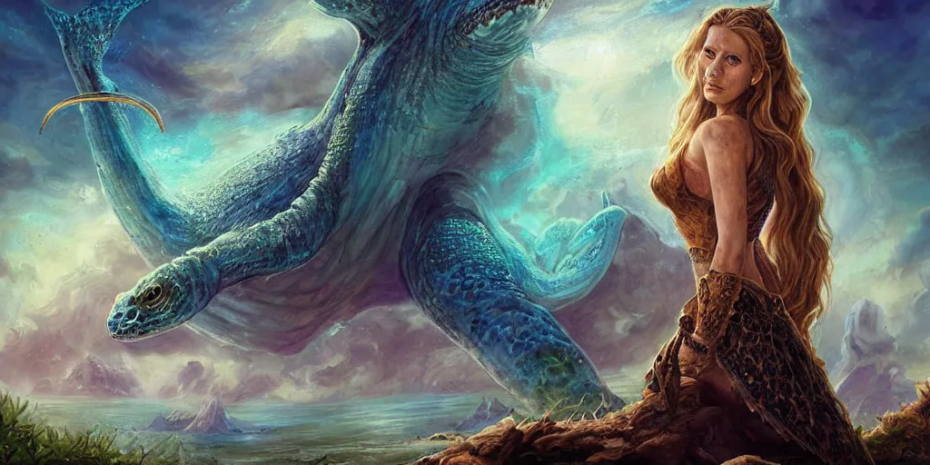 Prompt: A fantasy fairytale story style portrait painting, Great Leviathan Turtle, Mythic Island at the center of the Universe, accompanying Cory Chase, Blake Lively, Anya_Taylor-Joy, Grace Moretz, hybrid, Halle Berry, Mystical Valkyrie, Anubis-Reptilian, Atlantean Warrior, intense smoldering, soul penetrating invasive eyes. fantasy atmospheric lighting, digital painting, hyperrealistic, François Boucher, Oil Painting, Cozy, hot springs hidden Cave, candlelight, towels, cushions, natural light, lush plants and flowers, Crisp clear Volumetric Golden dappled dynamic lighting, Regal, Refined, elegant, smooth cave rock, Spectacular Rocky Mountains, bright clouds, luminous stellar sky, outer worlds, cognitive Coherence cohesion character illustration, photorealistic, Vivarium, Theophanic atmosphere, michael whelan, William-Adolphe Bouguereau, Michael Cheval, Crisp clear hd resolution, Digital Art, RPG portrait, Steampunk, hyperdetailed, artstation, cgsociety, Highly Detailed, Cinematic Lighting, HD resolution, unreal 5, DAZ, hyperreality, octane render, Unreal Engine, 8k, HD