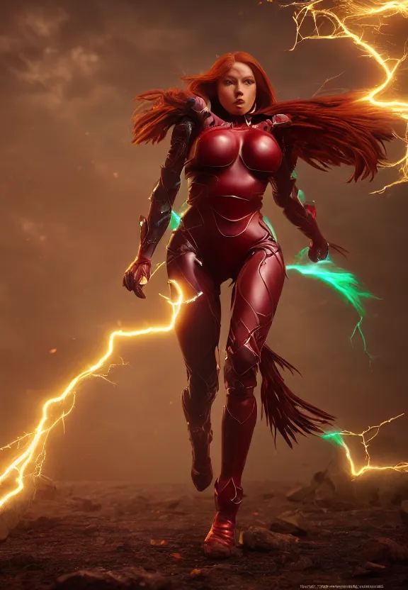 Image similar to vfx, octane render, zbrush, beautiful anatomically correct woman, wearing spandex armour with flowing red hair and green eyes, super hero full body, walking towards the camera, volumetric lightning, highly detailed, UE5 render, art station, center of picture.