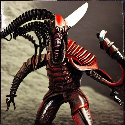 Prompt: xenomorph alien fighting with samurai warriors in feudal japan. 7 0 mm film