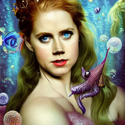 Image similar to amy adams portrait, fantasy, mermaid, hyperrealistic, game character, underwater, highly detailed, sharp focus, cinematic lighting, pearls, glowing hair, shells, gills, crown, water, highlights, starfish, jewelry, realistic, digital art, pastel, magic, fiction, ocean, king, colorful hair, sparkly eyes, fish, heroic, goddess, waves, bubbles, queen