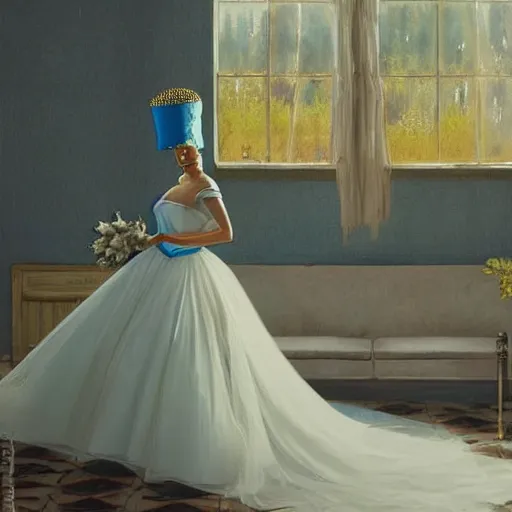 Prompt: Marge Simpson in a wedding dress, house interior, golden hour, by Greg Rutkowski