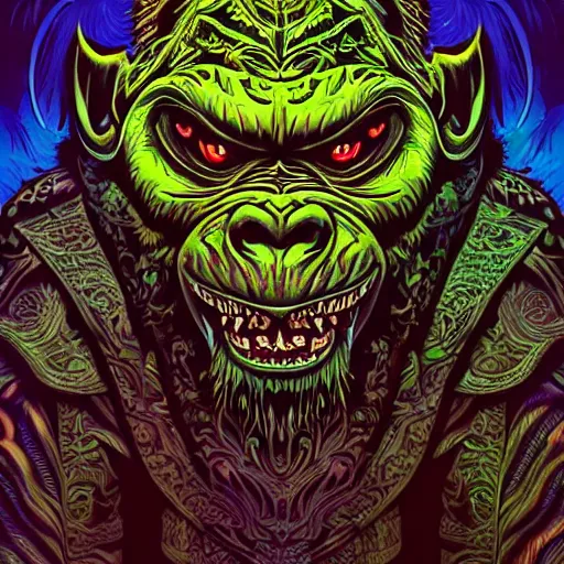 Image similar to barong family member, wiwek, mara demon, one single tribe member, jungle, one single mask, dark, ancient warrior, gorilla, lizard, tribal, inner glow, art by dan mumford and justin gerard