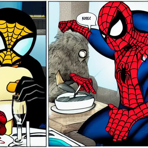 Prompt: spider man in a romantic dinner with an emperor penguin