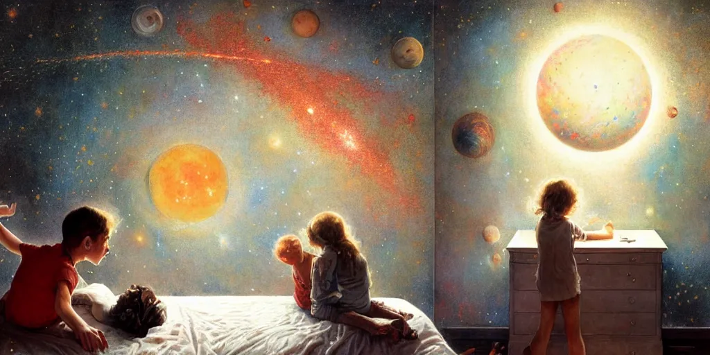 Image similar to one 5 year old boy and one 1 2 year old girl dreaming in their room with a wall with the universe full of galaxies and planets, imagination, part by norman rockwell, part by greg rutkowski, part by mattias adolfsson, high angle, ( ( ( ( volumetric lighting ) ) ) ), oil on canvas