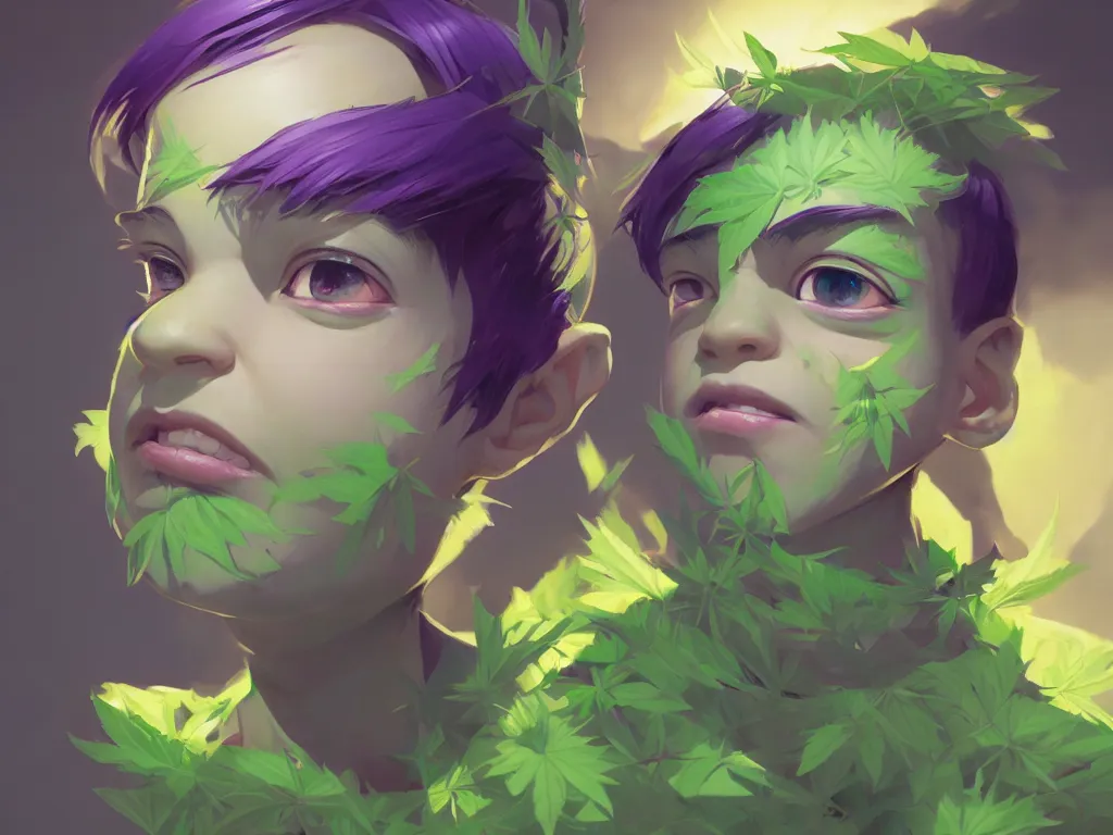 Image similar to kid with symmetrical beauty face, green flowers of marijuana purple glow hemp cannabis, behance hd, by jesper ejsing, by rhads, makoto shinkai, lois van baarle, ilya kuvshinov, rossdraws global illumination, golden ratio