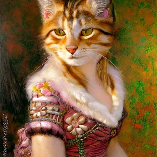 Image similar to portrait of a furry fluffy female tabby cat in a cute floral dress. shadowrun furaffiniy cyberpunk fantasy highly detailed painting by gaston bussiere craig mullins jc leyendecker gustav klimt artgerm greg rutkowski john berkey, bergey, craig mullins, ruan jia, raymond swanland, jeremy mann, tom lovell, alex malveda