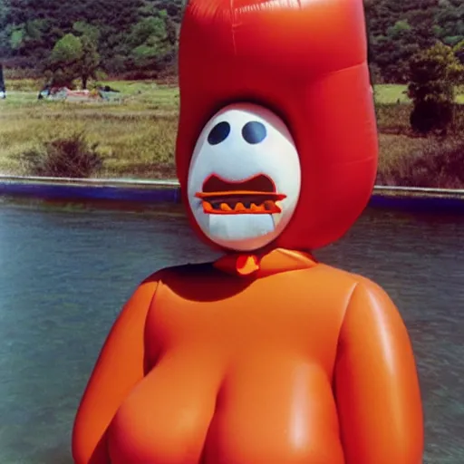 Image similar to 1976 glamorous thicc woman wearing an inflatable smiley head, wearing a dress, in a small village full of inflatable worms, 1976 French film archival footage technicolor film expired film 16mm Fellini new wave John Waters Russ Meyer movie still