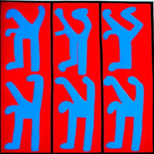 Image similar to acrylic abstract painting using primary red and blue on canvas, by keith haring and andy warhol