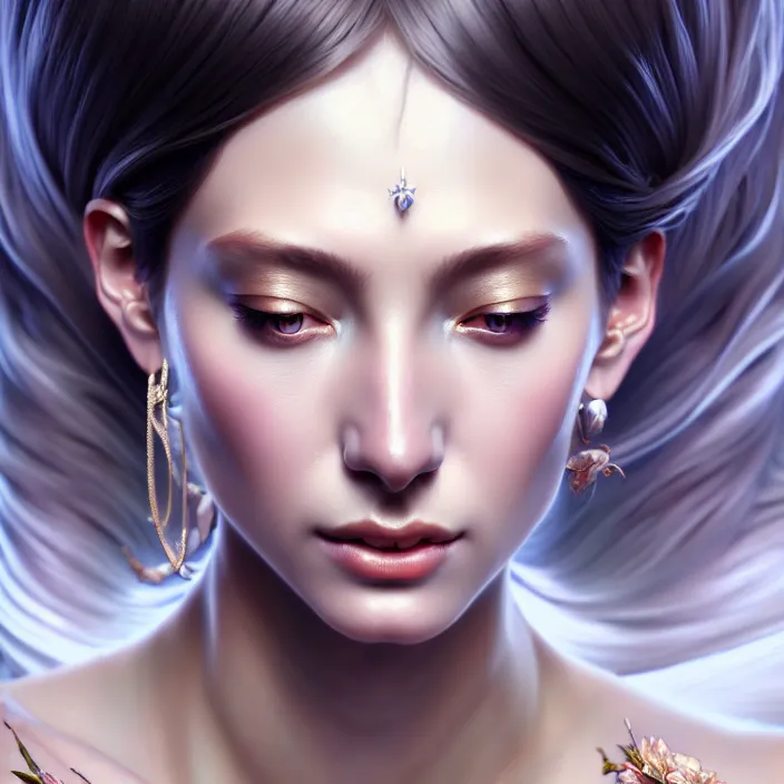 Prompt: beautiful digital painting of a goddes stylish female with high detail, real life skin, silver colors, 8 k, stunning detail, works by artgerm, greg rutkowski and alphonse mucha, unreal engine 5, 4 k uhd