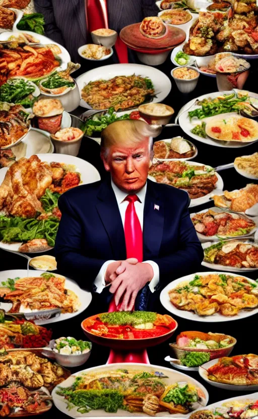 Image similar to donald trump as the main dish on the buffet for 1 0 0 people, photo, realistic, photorealistic, detailed, high quality, high resolution, 8 k, hdr, 8 k resolution, 8 k quality