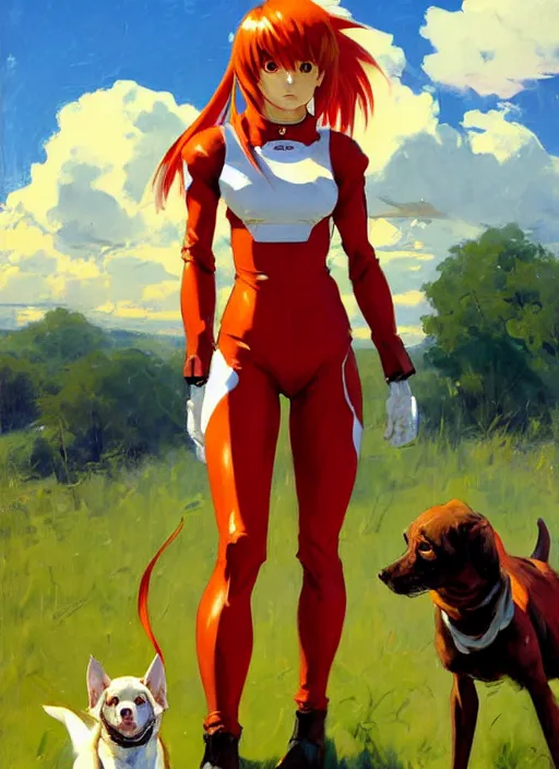 Image similar to Greg Manchess painting of Asuka Langley Soryu in Plugsuit out with the dogs, EVA unit-00 in the back, countryside, fantasy character portrait, dynamic pose, above view, sunny day, thunder clouds in the sky, artwork by Jeremy Lipkin and Giuseppe Dangelico Pino and Michael Garmash and Rob Rey, very coherent asymmetrical artwork, sharp edges, perfect face, simple form, wacky, 100mm