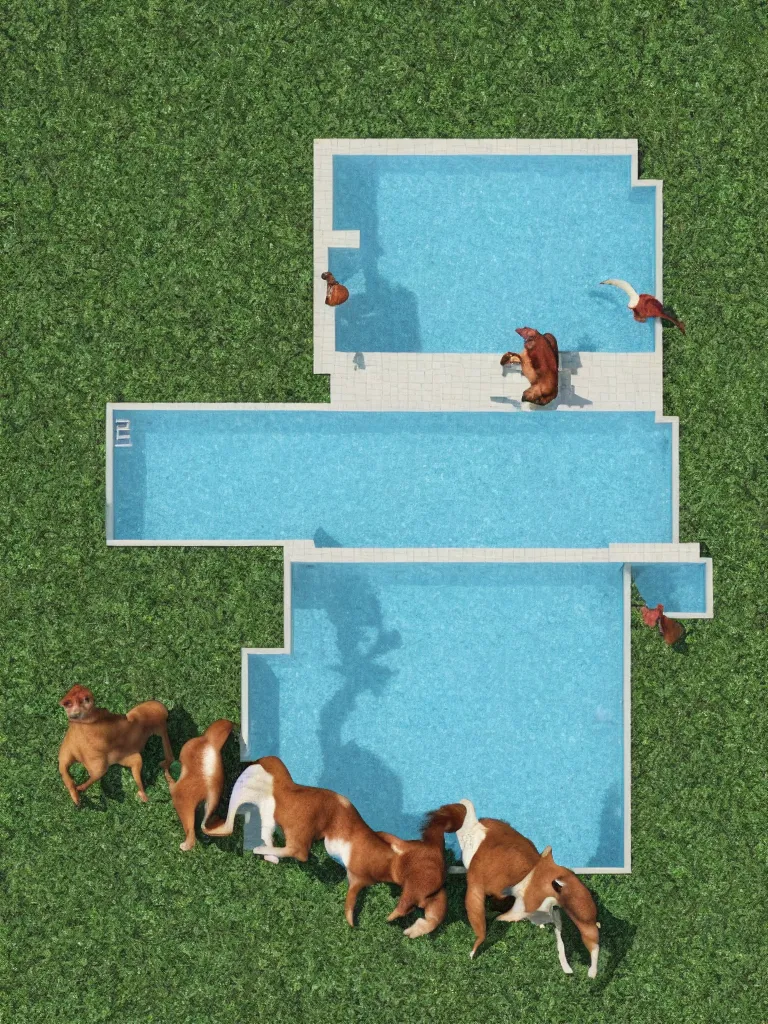 Image similar to team of 3 different sized dogs, escaping modern rich person villa with swimming pool surrounded by climate change forest and wild fire, birds eye view, 3d render, impressionistic