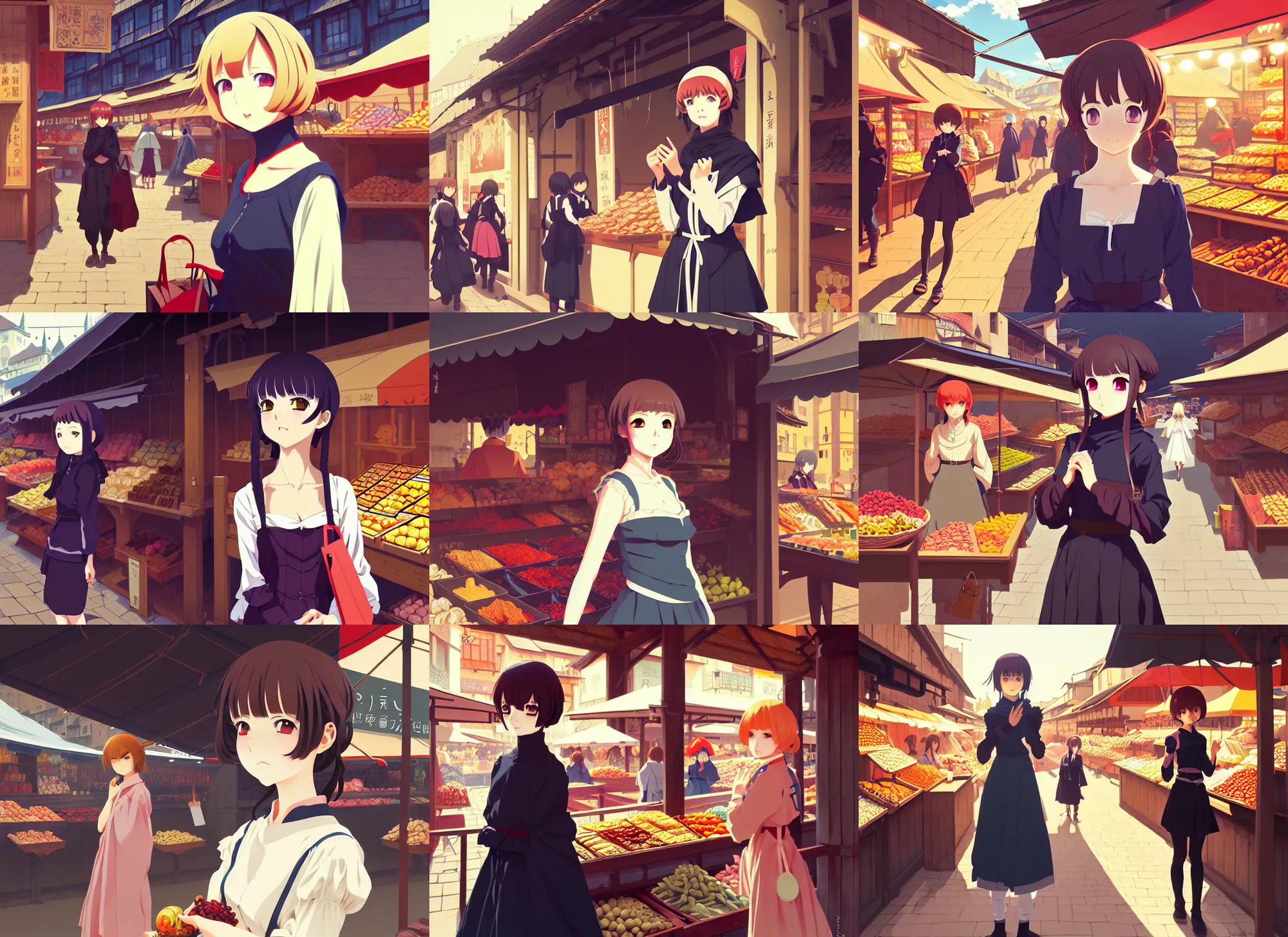 Prompt: anime visual, portrait of a young female traveler in a open medieval market exterior shopping, cute face by ilya kuvshinov, yoh yoshinari, makoto shinkai, dynamic pose, dynamic perspective, cel shaded, flat cel shading mucha, rounded eyes, crisp smooth clean lines, dramatic, strong silhouette