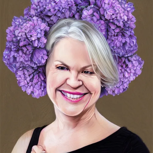 Image similar to 6 0 year old mildly overweight american blonde woman, welcoming grin, wearing black, both arms completely filled with lavender hydrangeas, small white dog at her side, portrait, headshot, in the style of alexis franklin, thomas river, ross tran, wlop, artgerm, detailed, high quality