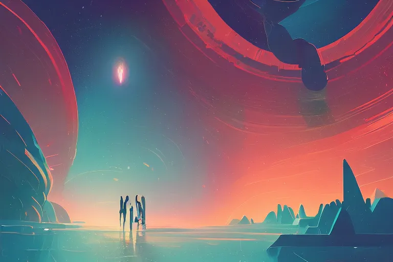 Image similar to humans and a black hole by petros afshar and james gilleard and alena aenami, trending on deviantart, masterpiece, detailed, warm colors