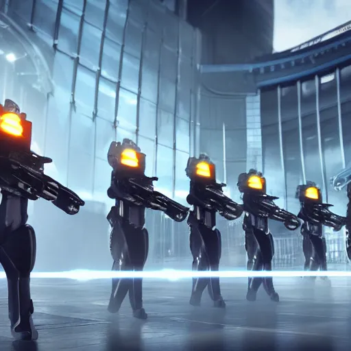 Image similar to british royal guard androids firing lasers, futuristic look, highly detailed, photorealistic camera shot, crisp quality and light reflections, in london bridge, futuristic city, ambient occlusion, cinematic lighting, octane render
