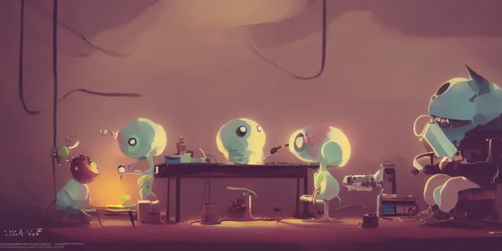 Prompt: cute anime monsters listening to record players by Goro Fujita and Simon Stalenhag and Kandinsky and Magritte, 8k, trending on artstation, hyper detailed, cinematic