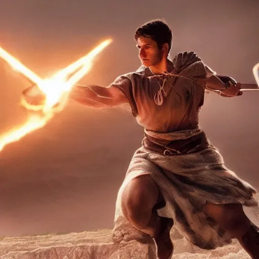 Prompt: handsome 17 year old boy in a Biblical outfit holding a slingshot to fight against the giant Goliath, epic, cinematic lighting, directed by Zack Snyder