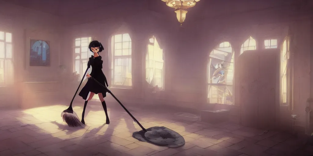 Prompt: animation key shot of a pretty woman with black hair dressed as a maid sweeping the floor in an elegant palace bedroom, studio ghibli, pixar and disney animation, sharp, rendered in unreal engine 5, anime key art by greg rutkowski, bloom, dramatic lighting