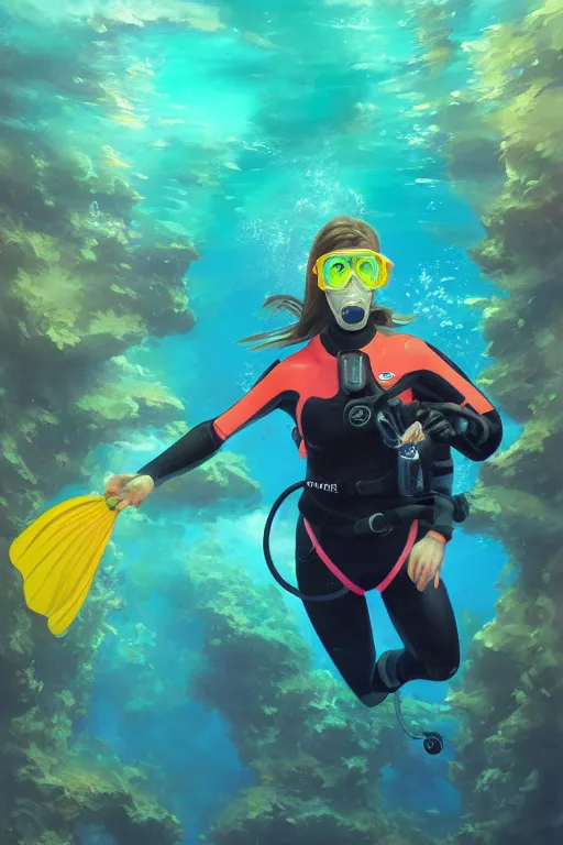 Image similar to a portrait of a cute female scuba diver, underwater setting, vivid colors, soft lighting, atmospheric, cinematic, moody, in the style of artgerm and greg rutkowski, oil on canvas, 8 k