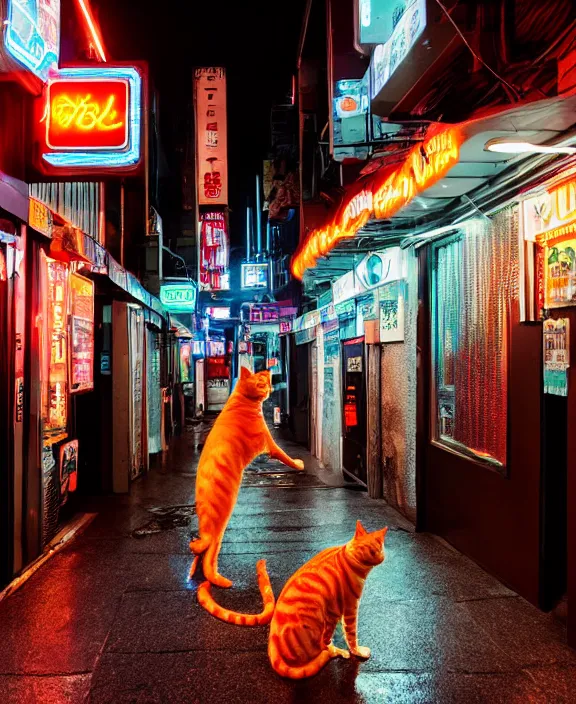 Prompt: an orange tabby cat roaming the streets of a cyberpunk city populated by humanoid robots. wet floors with neon sign store fronts at night. professional night photography