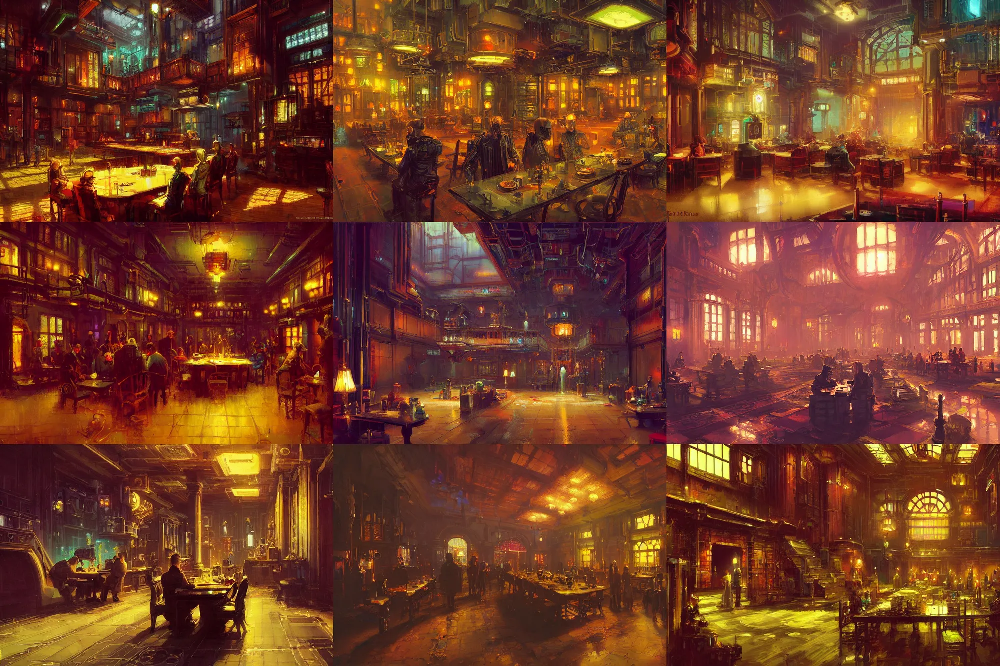 Prompt: a cyberpunk downton abbey, interior shot, dining hall by paul lehr