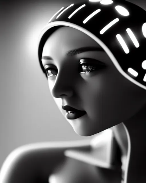 Image similar to black and white dreamy young beautiful female artificial intelligence, metropolis, cinematic, rim light, bokeh, photo - realistic, elegant, high detail, 8 k, masterpiece, photo taken in 1 9 3 0