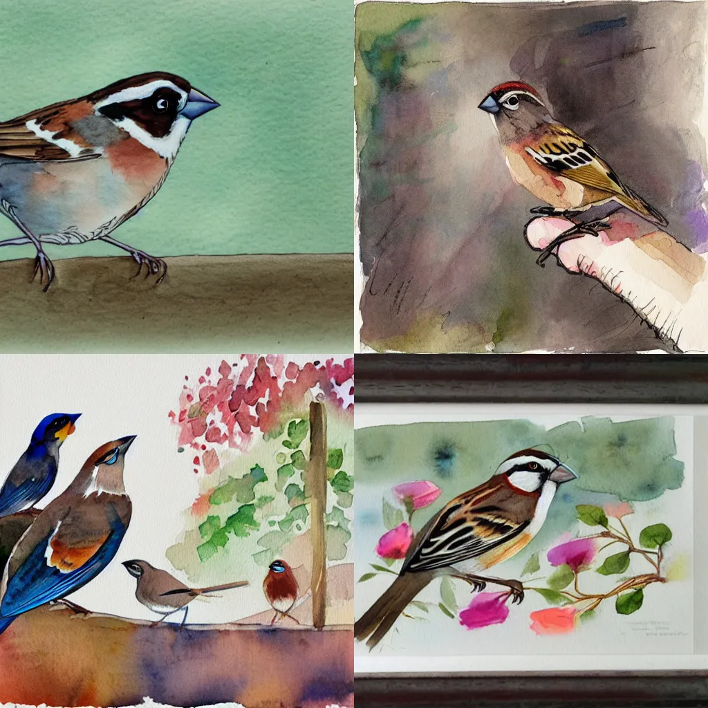 Prompt: A sparrow teaching an english class, vibrant watercolor, polish illustration