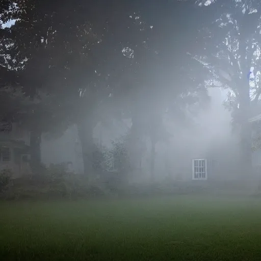 Prompt: poor neighborhood, overgrown, photo taken from a porch, fog rolling along the ground, ethereal, police lights shining off camera