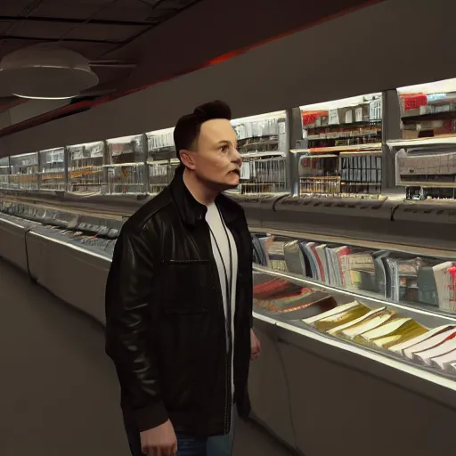 Image similar to elon musk as a store cashier, gta artstyle, wide shot, dramatic lighting, octane render, hyperrealistic, high quality, highly detailed, artstation, HD, beautiful, cinematic, 8k, unreal engine, facial accuracy, symmetrical