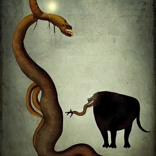 Image similar to by tony conrad, by christian schloe threatening, dismal. a digital art of a large, looming creature with a long, snake body. many large, sharp teeth, & eyes glow. wrapped around a large tree, bent under the weight. small figure in foreground, a sword, dwarfed by the size of the creature.