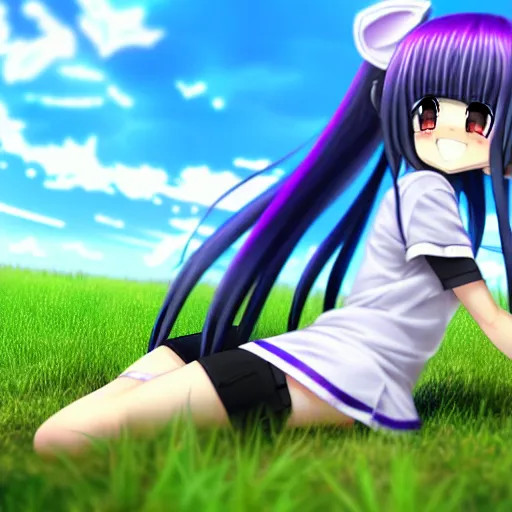 Prompt: A cute young real life 3D anime girl with long blueish lavender hair, wearing a police uniform with shorts, fire ball against her foot, sitting on one knee in a large grassy green field, shining golden hour, she has detailed black and purple anime eyes, extremely detailed cute anime girl face, she is happy, childlike, little kid, black anime pupils in her eyes, Haruhi Suzumiya, Umineko, Lucky Star, K-On, Kyoto Animation, she is smiling and happy, tons of details, sitting on one knee on the grass, chibi style, extremely cute, she is smiling and excited, her tiny hands are on her thighs, she has a cute expressive face