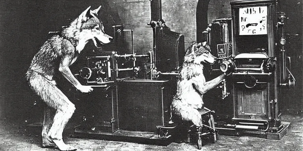 Image similar to anthropomorphic furry wolf controlling an obscure machine that has been lost to time, 1900s photograph