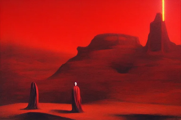 Image similar to only with red, a red god of death eat apple, a futuristic city on mars in background, an ancient path, pathos, in the style of beksinski, part by hopper, part by rodcenko, part by hofbauer, intricate composition, red by caravaggio, insanely quality, highly detailed, masterpiece, red light, artstation