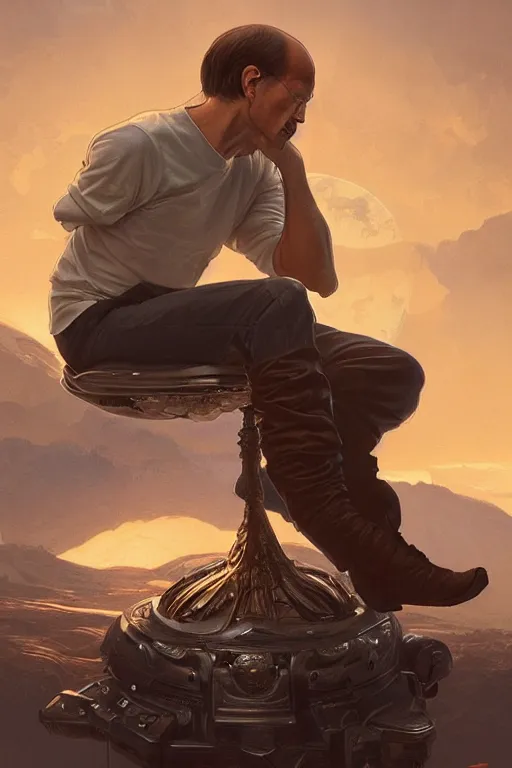 Prompt: ultra realistic illustration, steve jobs sitting on a giant apple, sci - fi, fantasy, intricate, elegant, highly detailed, digital painting, artstation, concept art, smooth, sharp focus, illustration, art by artgerm and greg rutkowski and alphonse mucha