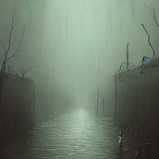 Prompt: flooded overgrown victorian london alley, highly detailed, eldritch, ominous, dawn, chilly dark mood, by beksinski and stalenhag