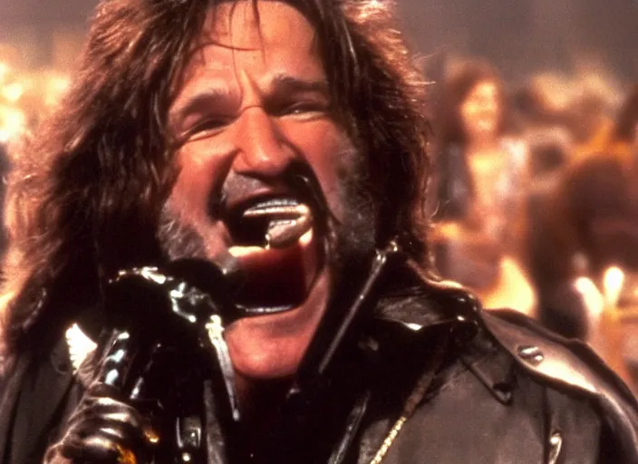 Image similar to promotional image of robin williams as a heavy metal singer in a movie from 1978, rugged black clothes, detailed face, movie still frame, promotional image, imax 70 mm footage