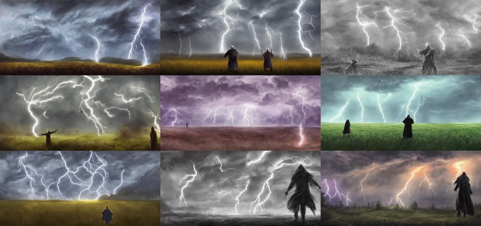 Prompt: a wizard summoning a giant lightning tornado in a field , concept art