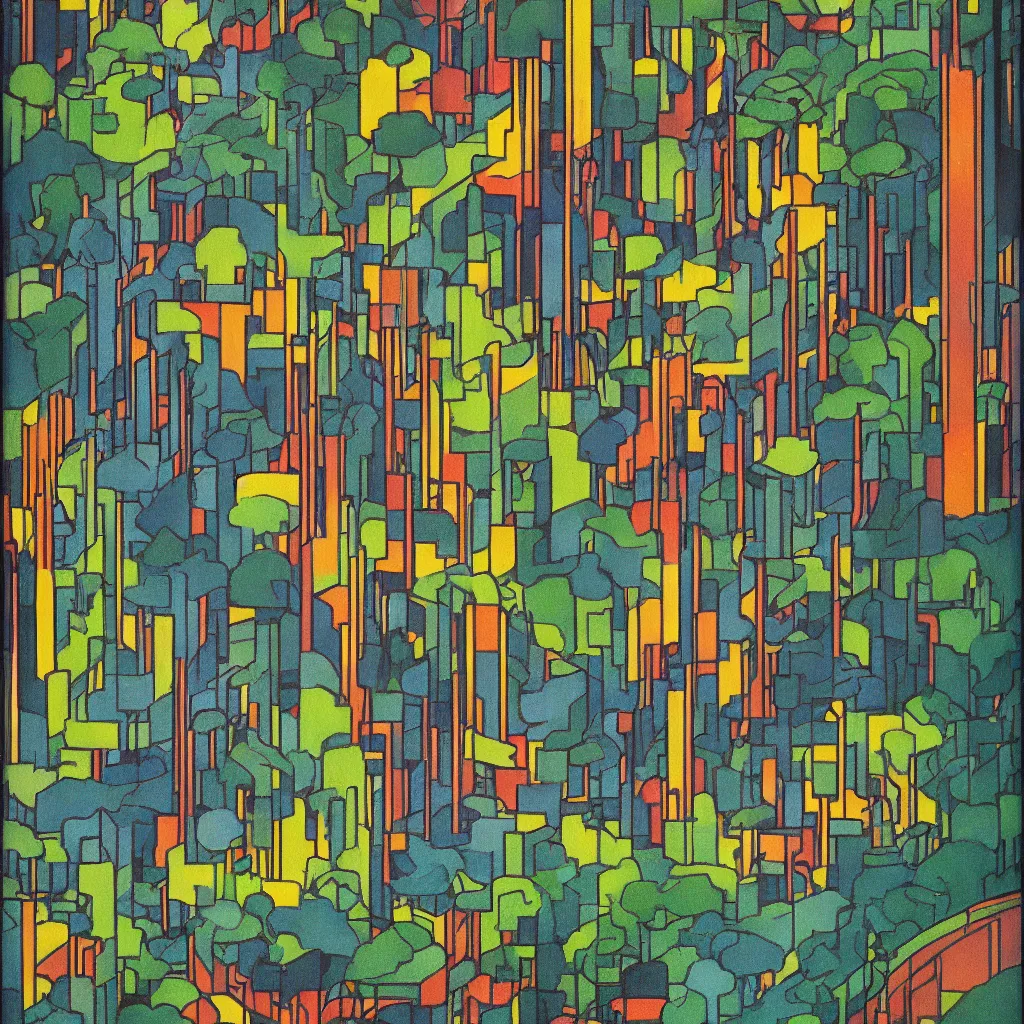 Prompt: isometric artdeco waterfall forest by frank lloyd wright, isometric, painted by piet mondrian