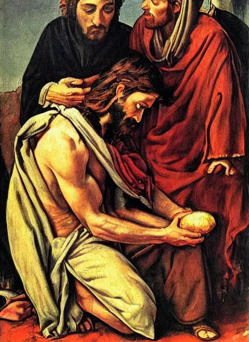 Prompt: vintage beautiful painting of Judas’s apology to Jesus with a pear in Mary Cassatt style