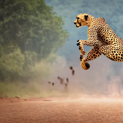 Image similar to a humanoid cheetah fighting in the vietnam war, 4 k, hyper realistic, dslr, landscape, high resolution