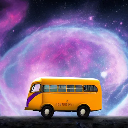 Image similar to Soviet era bus in space in front of a purple nebula