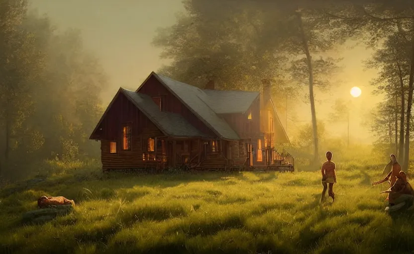 Image similar to a highly detailed epic cinematic concept art CG render digital painting artwork: small family cabin House, modern archetecture, excessove vegetation, foggy, dreamy, golden hour sunset By Greg Rutkowski, in the style of Francis Bacon and Syd Mead and Norman Rockwell and Beksinski, open ceiling, highly detailed, painted by Francis Bacon and Edward Hopper, painted by James Gilleard, surrealism, airbrush, Ilya Kuvshinov, WLOP, Stanley Artgerm, very coherent, triadic color scheme, art by Takato Yamamoto and James Jean